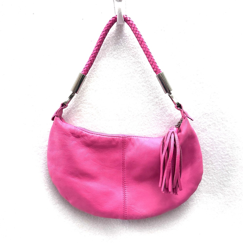 Express Y2K Pink Leather Crescent Hobo Bag Baby Braided Handle Tassel Shoulder